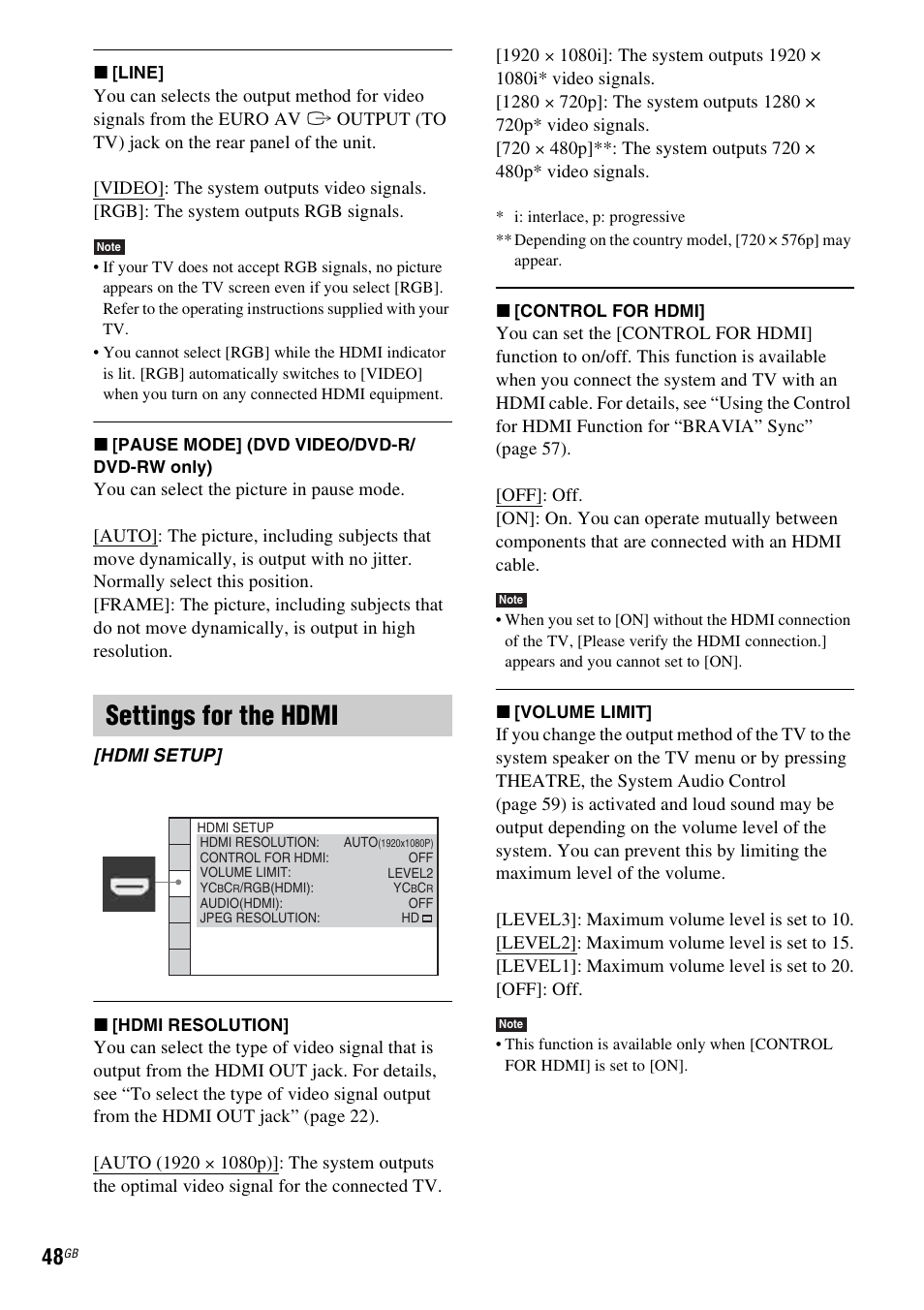 Settings for the hdmi | Sony 3-283-036-11(3) User Manual | Page 48 / 104