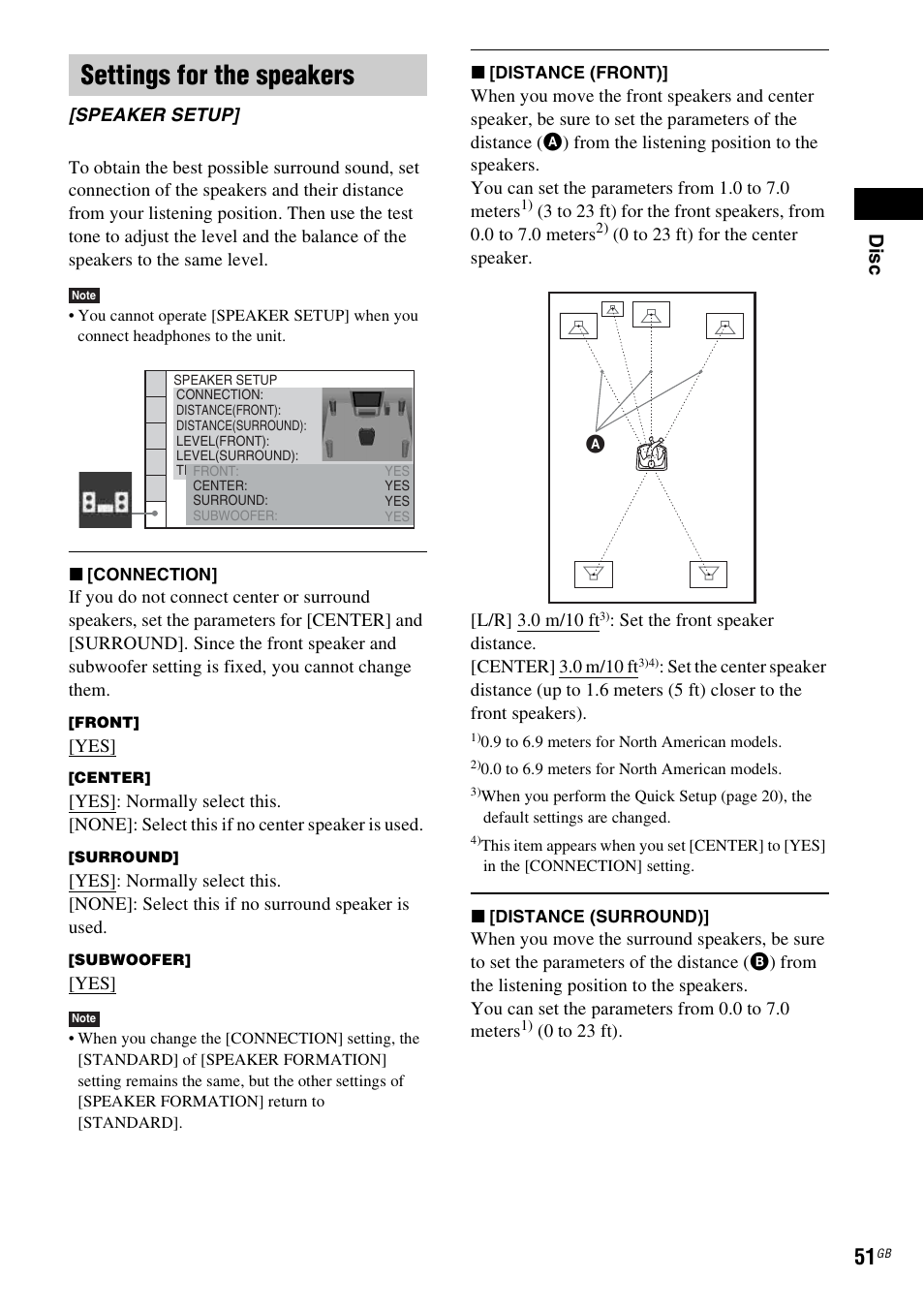 Settings for the speakers, Dis c | Sony 3-283-036-11(3) User Manual | Page 51 / 104