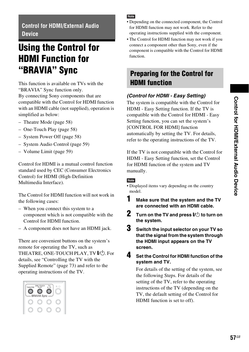 Control for hdmi/external audio device, Preparing for the control for hdmi function, Using the control for hdmi function for | Bravia” sync | Sony 3-283-036-11(3) User Manual | Page 57 / 104