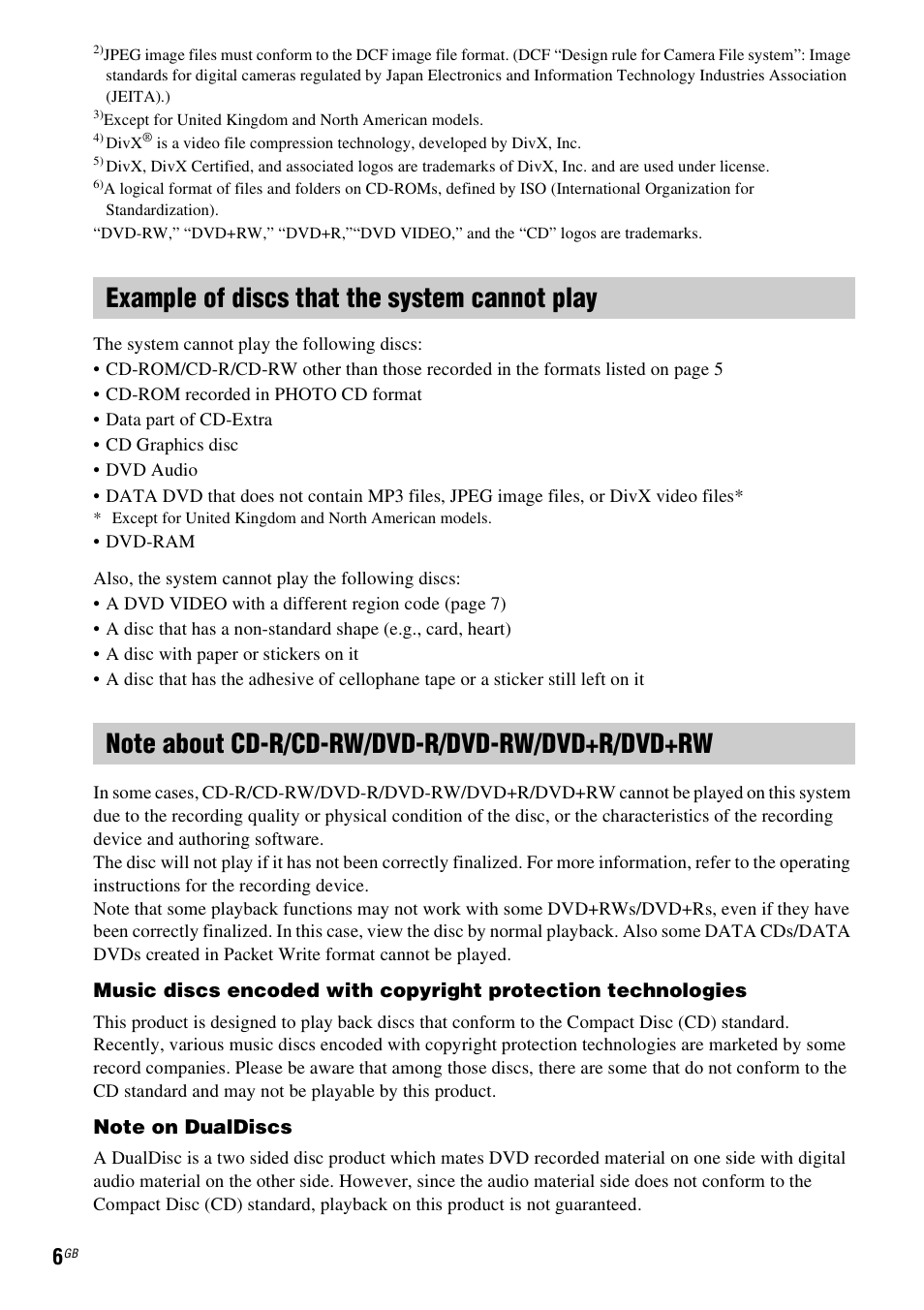 Example of discs that the system cannot play, Note about cd-r/cd-rw/dvd-r/dvd-rw/dvd+r/dvd+rw | Sony 3-283-036-11(3) User Manual | Page 6 / 104