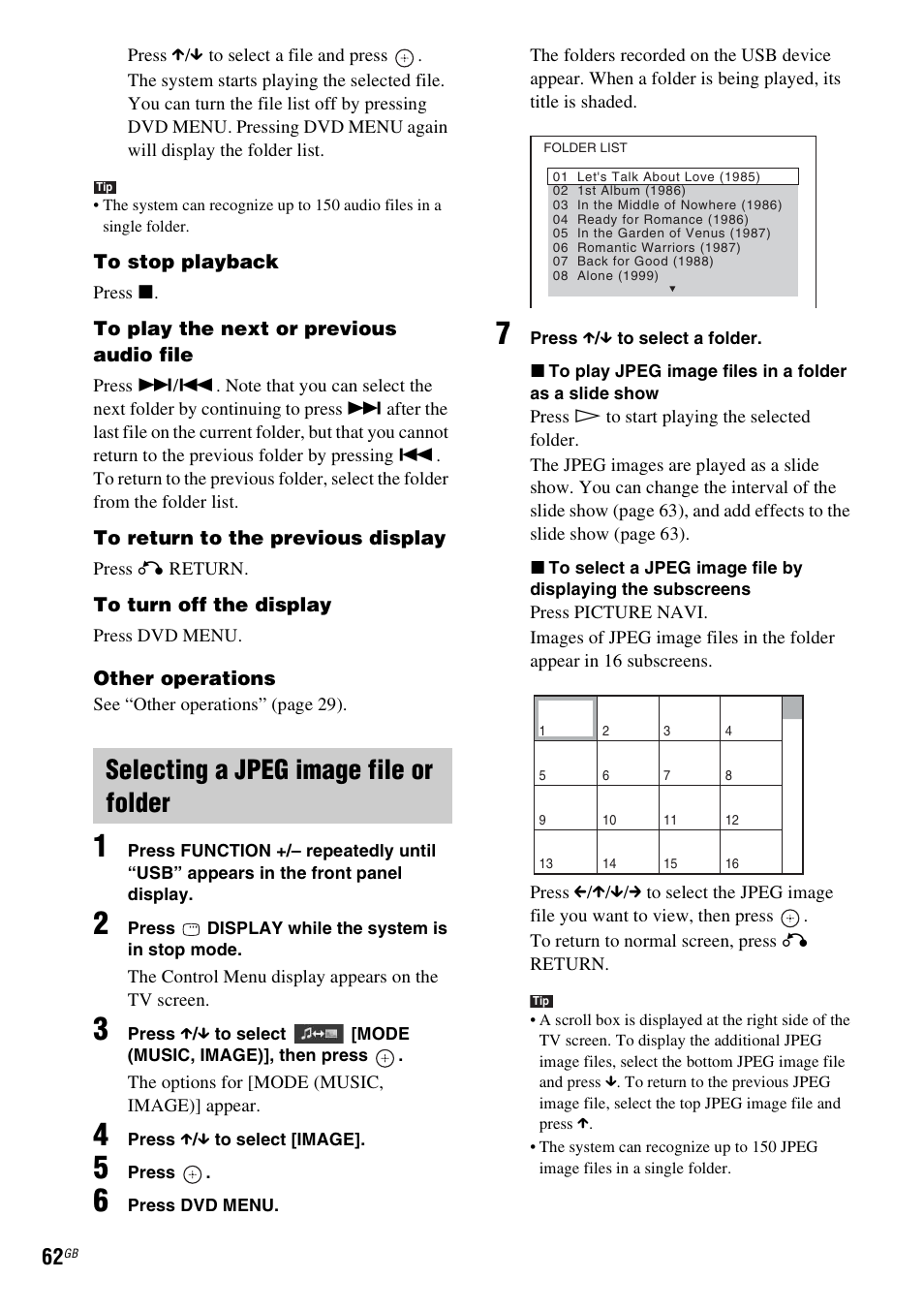 Selecting a jpeg image file or folder | Sony 3-283-036-11(3) User Manual | Page 62 / 104