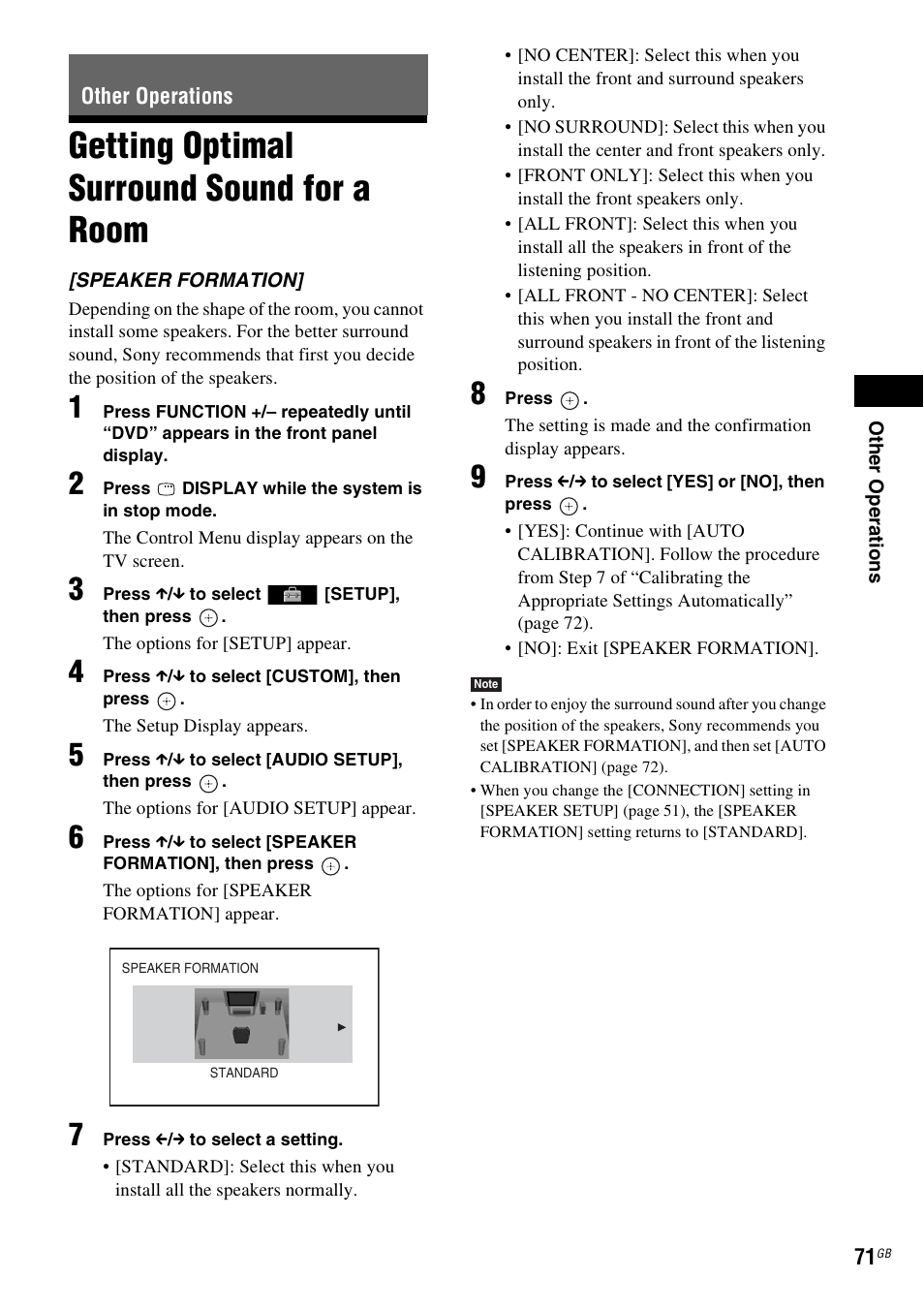 Other operations, Getting optimal surround sound for a room, Getting optimal surround sound for a | Room | Sony 3-283-036-11(3) User Manual | Page 71 / 104