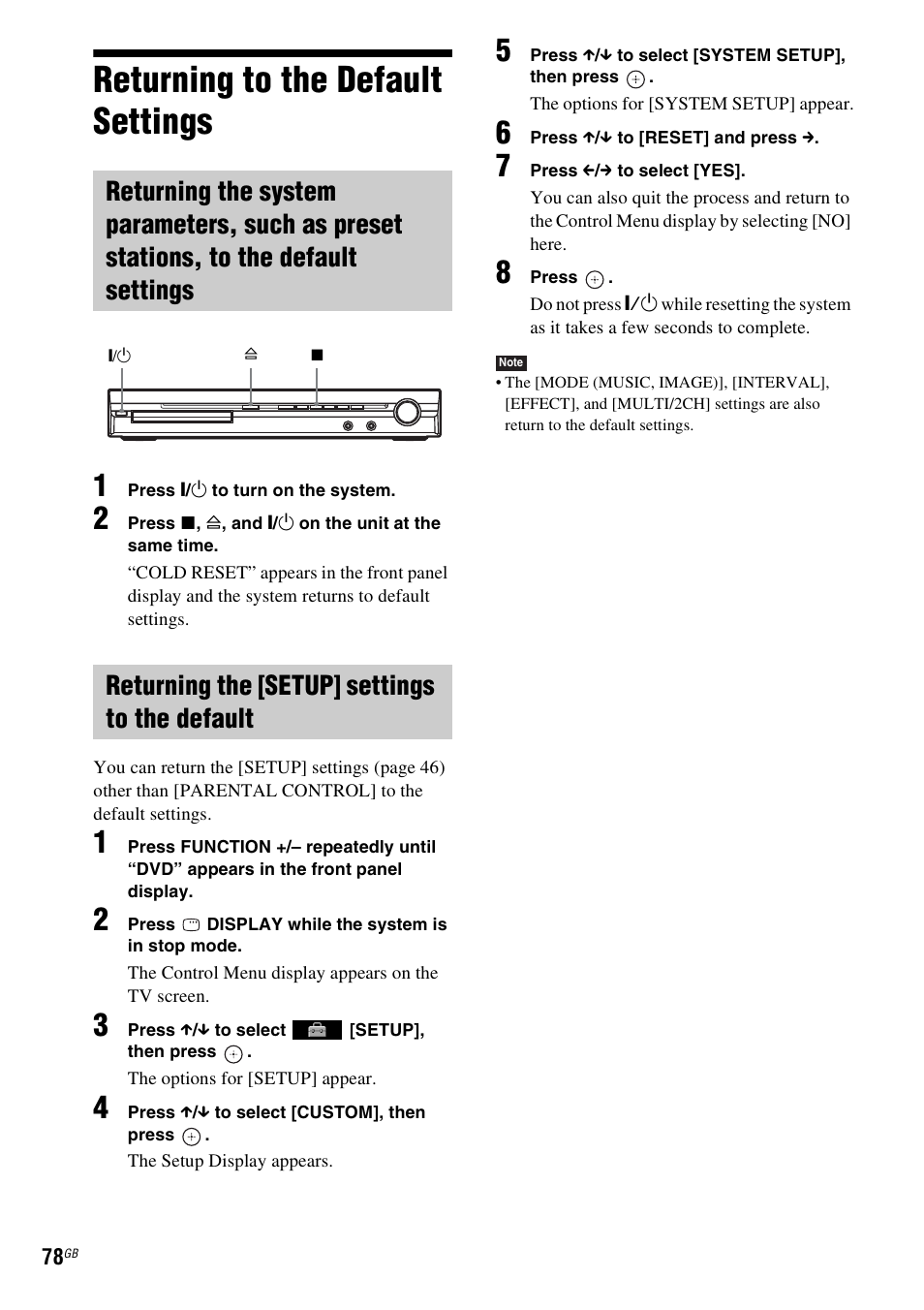 Returning to the default settings, Returning the [setup] settings to the default | Sony 3-283-036-11(3) User Manual | Page 78 / 104