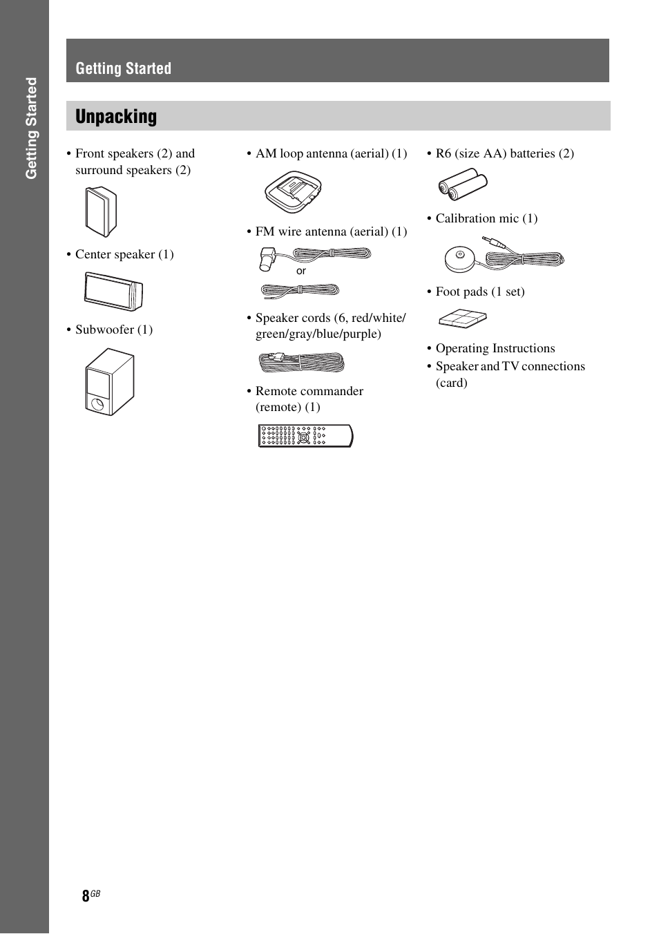Getting started, Unpacking | Sony 3-283-036-11(3) User Manual | Page 8 / 104
