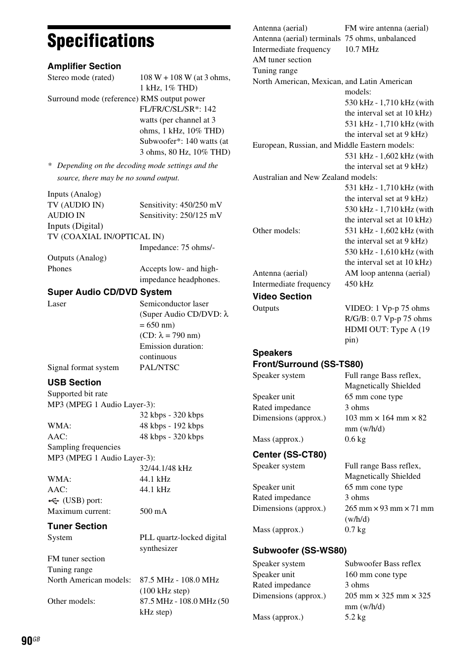 Specifications | Sony 3-283-036-11(3) User Manual | Page 90 / 104