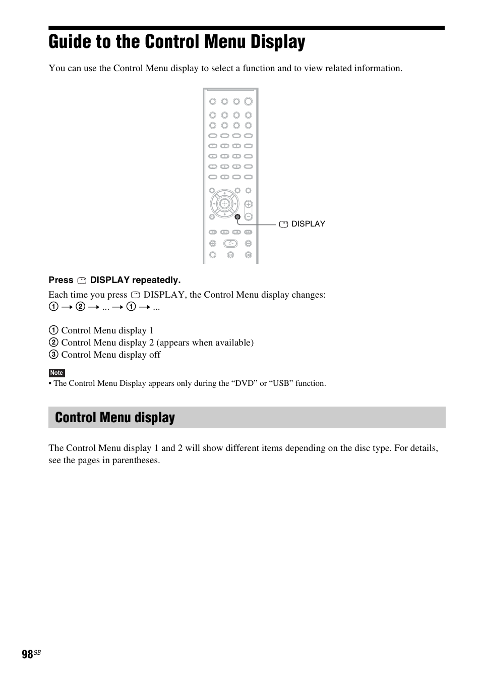 Guide to the control menu display, Control menu display | Sony 3-283-036-11(3) User Manual | Page 98 / 104