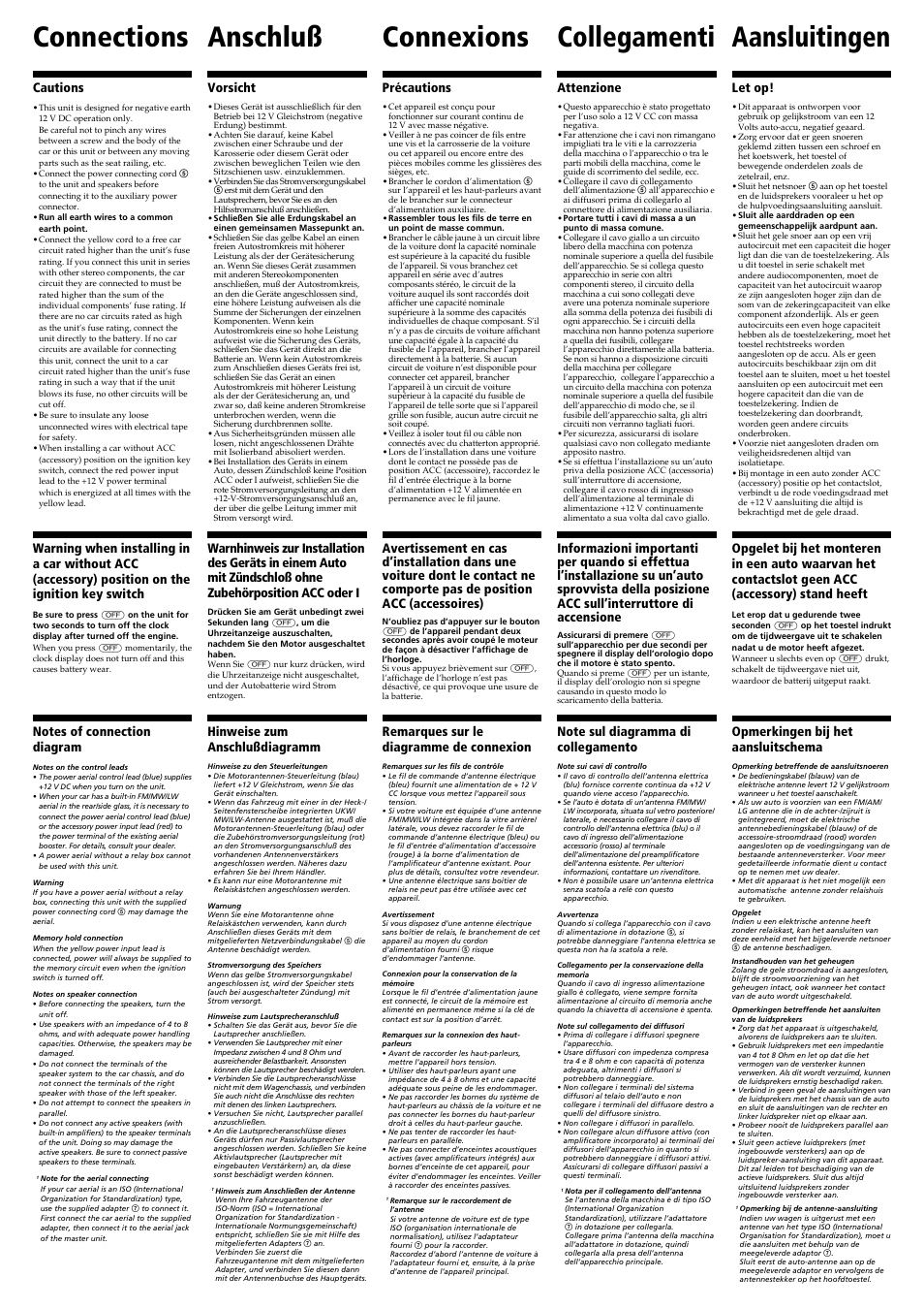 Collegamenti, Connections, Anschluß | Connexions, Aansluitingen, Attenzione, Cautions, Vorsicht, Précautions, Hinweise zum anschlußdiagramm | Sony XR-L240 User Manual | Page 3 / 4