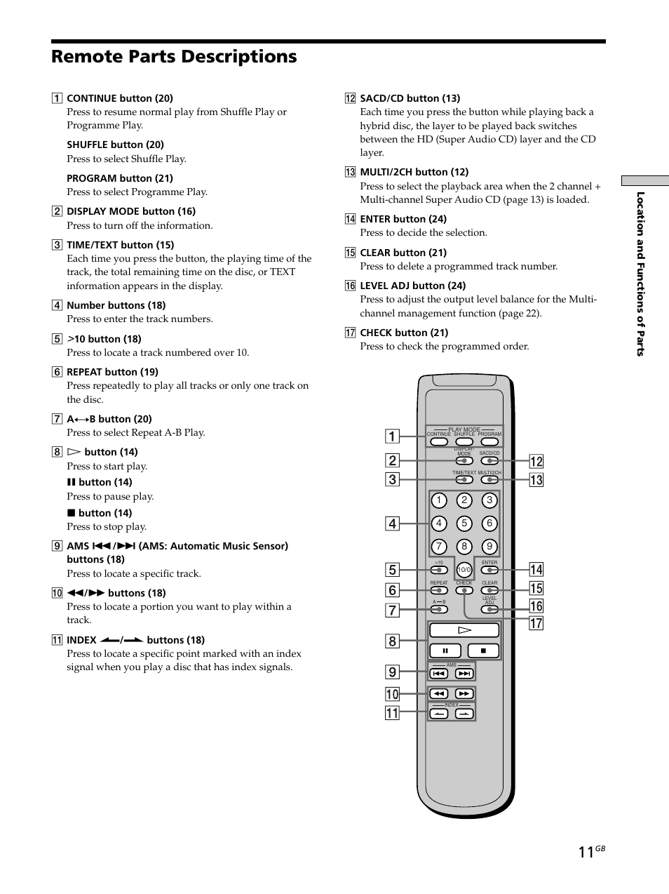 Remote parts descriptions | Sony SCD-XB790 User Manual | Page 11 / 28