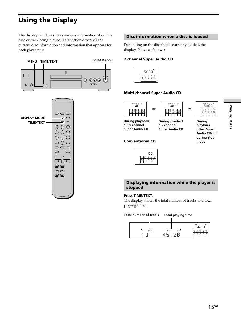 Using the display, Disc information when a disc is loaded, Displaying information while the player is stopped | Playing discs, S a c d | Sony SCD-XB790 User Manual | Page 15 / 28