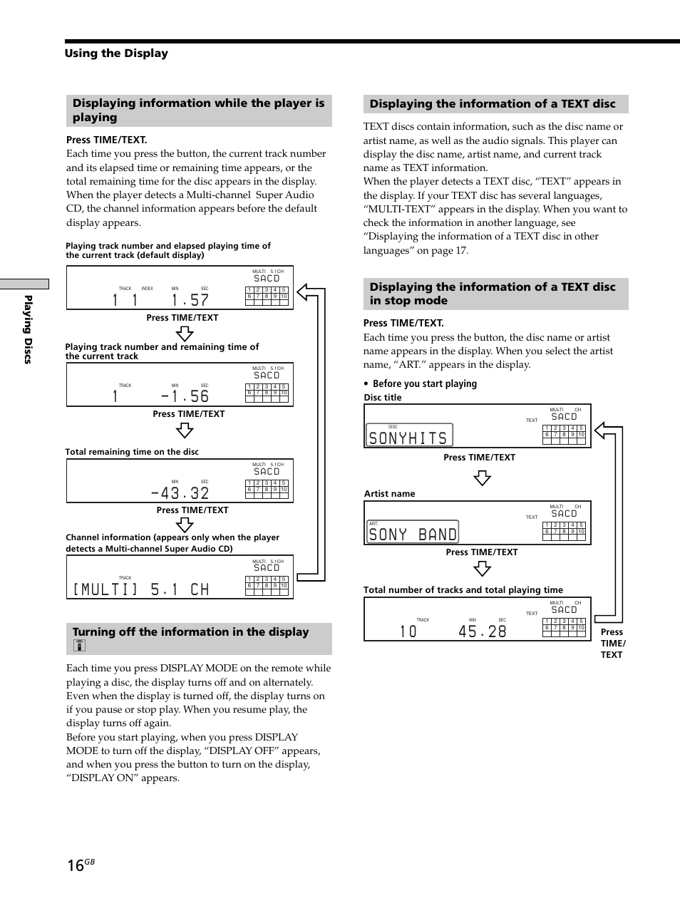 Displaying information while the player is playing, Turning off the information in the display z, Playing discs | Sony SCD-XB790 User Manual | Page 16 / 28