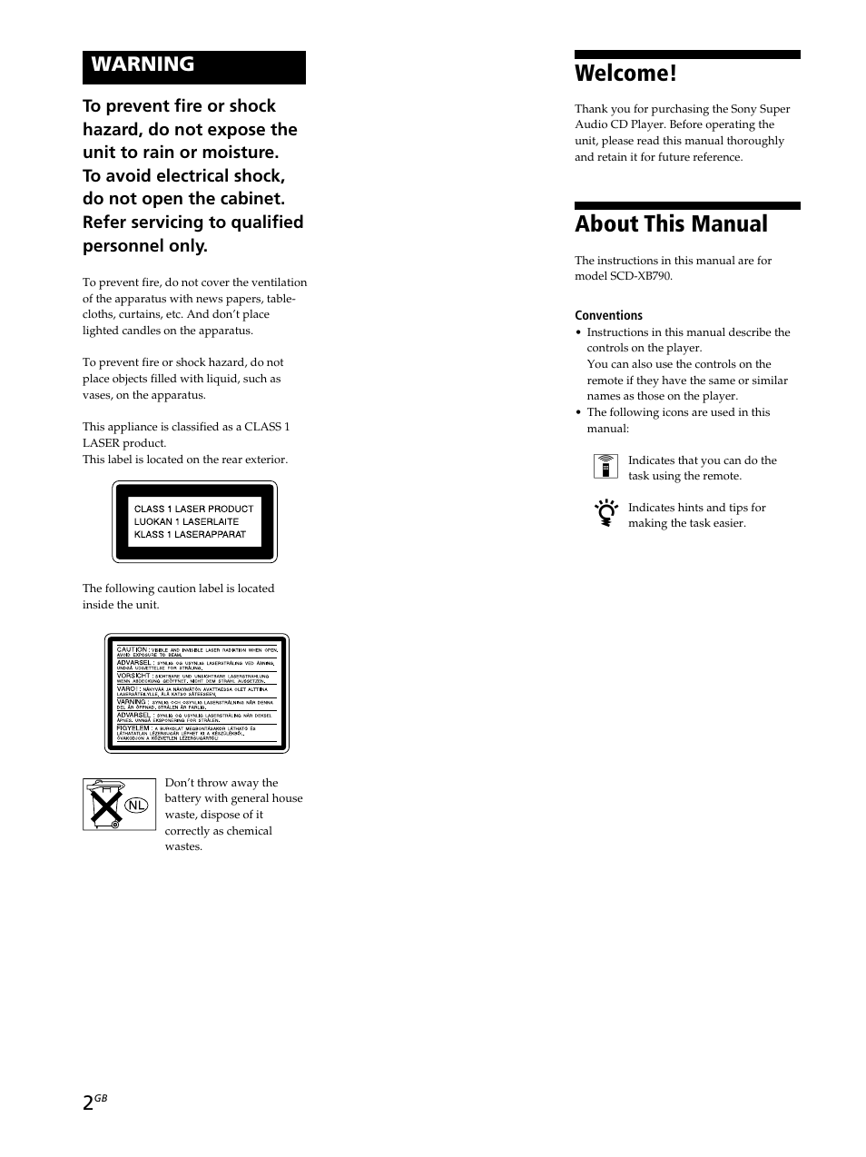 Welcome, About this manual, Warning | Sony SCD-XB790 User Manual | Page 2 / 28