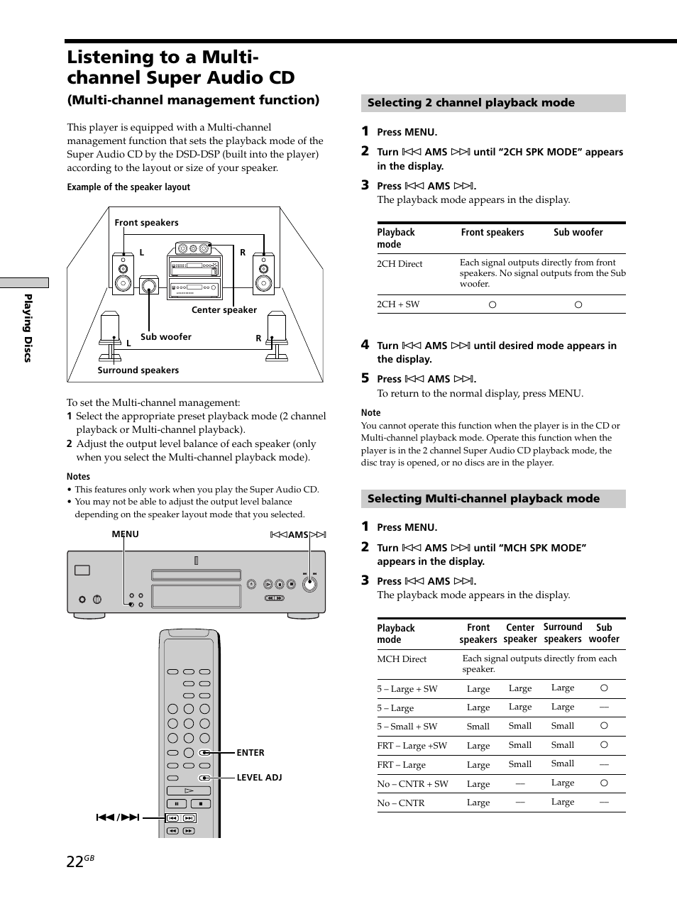 Listening to a multi- channel super audio cd, Multi-channel management function) | Sony SCD-XB790 User Manual | Page 22 / 28