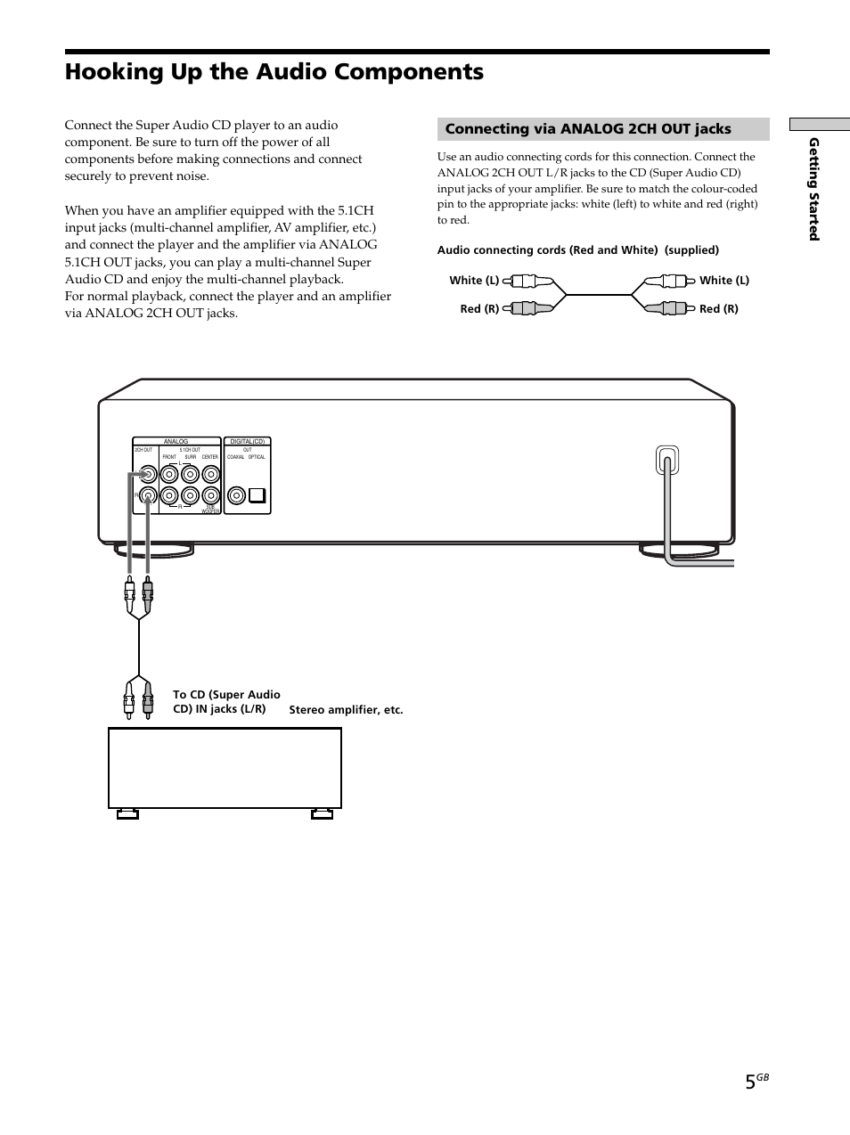 Hooking up the audio components, Connecting via analog 2ch out jacks, Getting started | Sony SCD-XB790 User Manual | Page 5 / 28