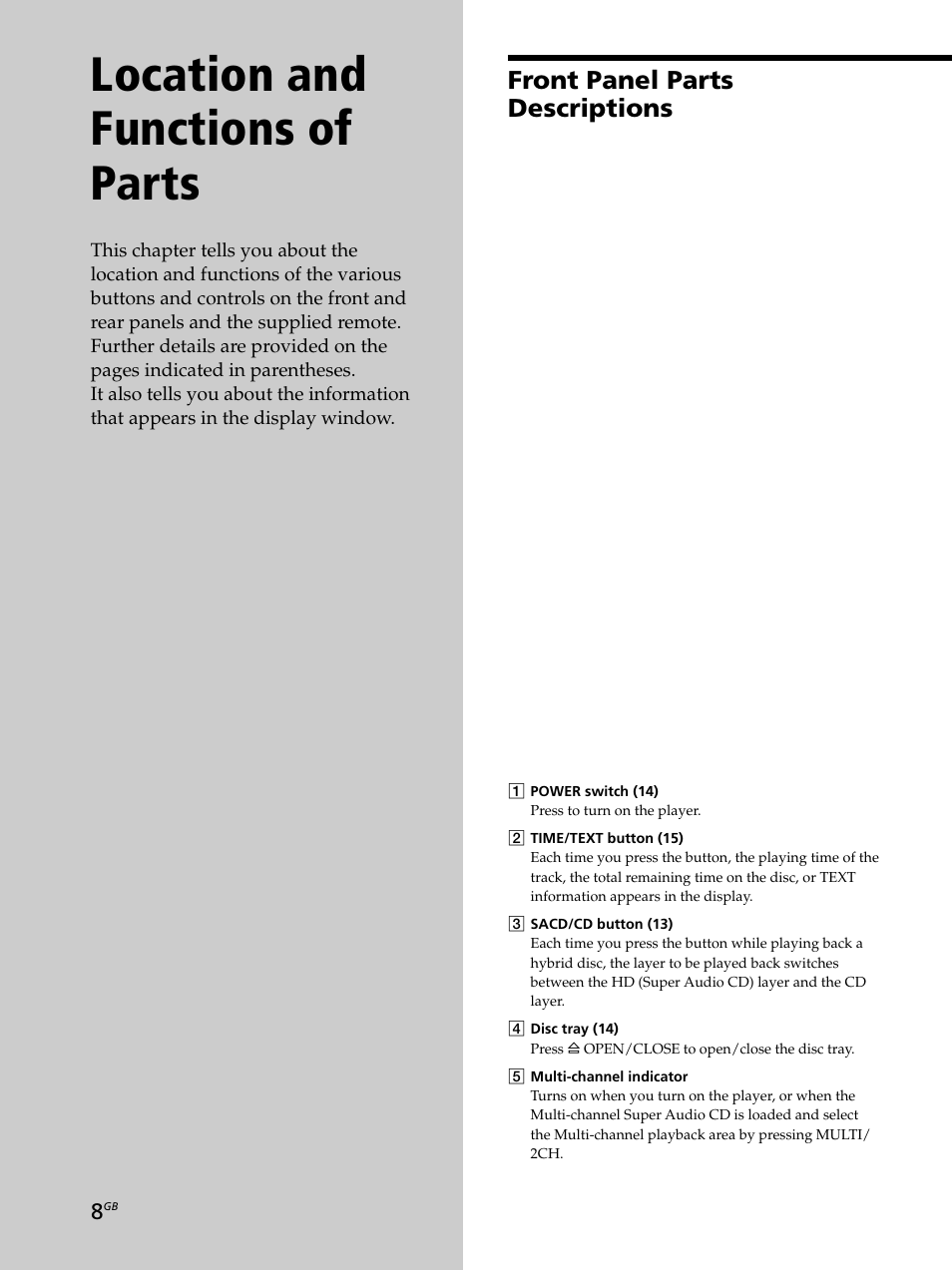 Location and functions of parts, Front panel parts descriptions | Sony SCD-XB790 User Manual | Page 8 / 28