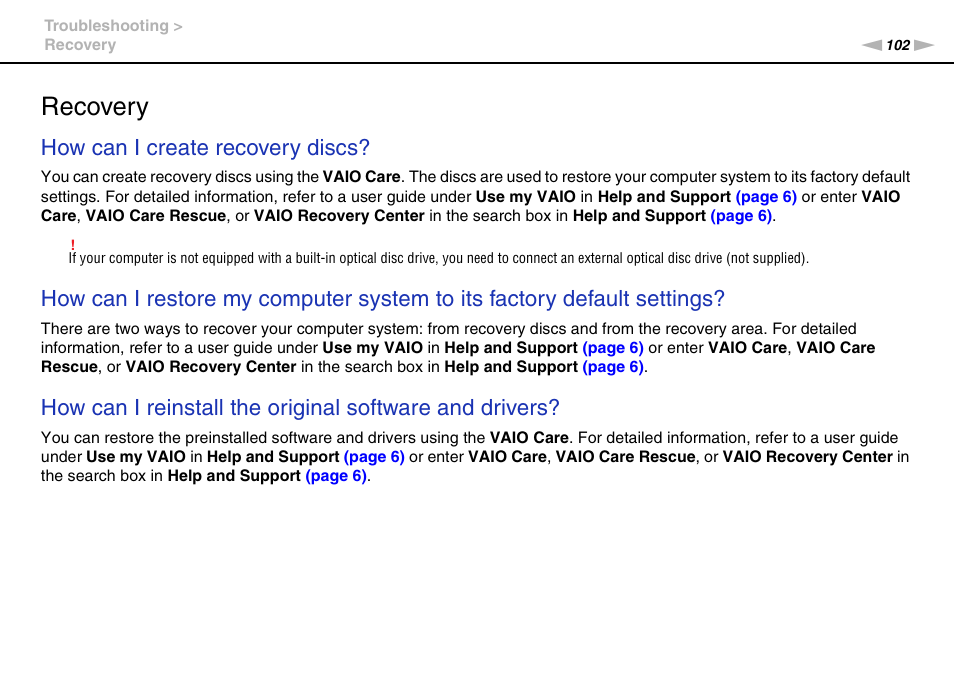 Recovery, How can i create recovery discs | Sony VAIO VPCM1 User Manual | Page 102 / 133