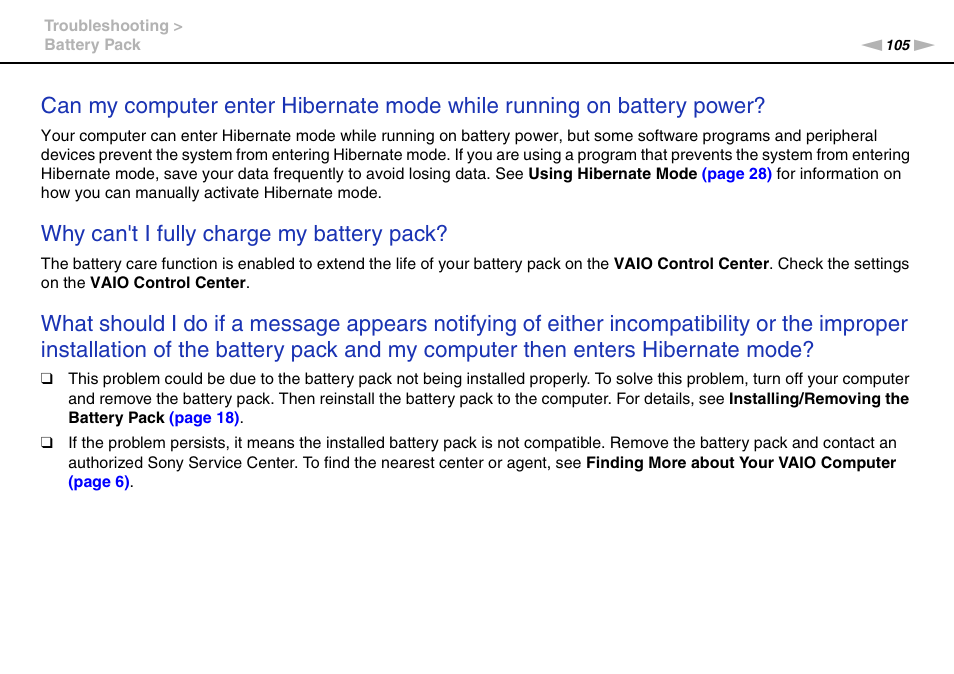 Why can't i fully charge my battery pack | Sony VAIO VPCM1 User Manual | Page 105 / 133