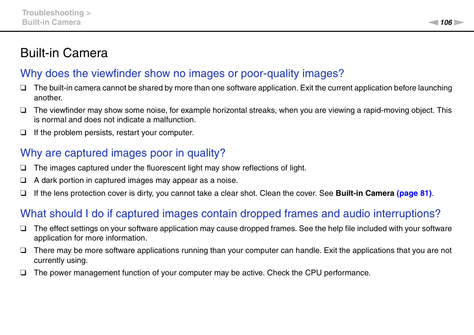 Built-in camera, Why are captured images poor in quality | Sony VAIO VPCM1 User Manual | Page 106 / 133