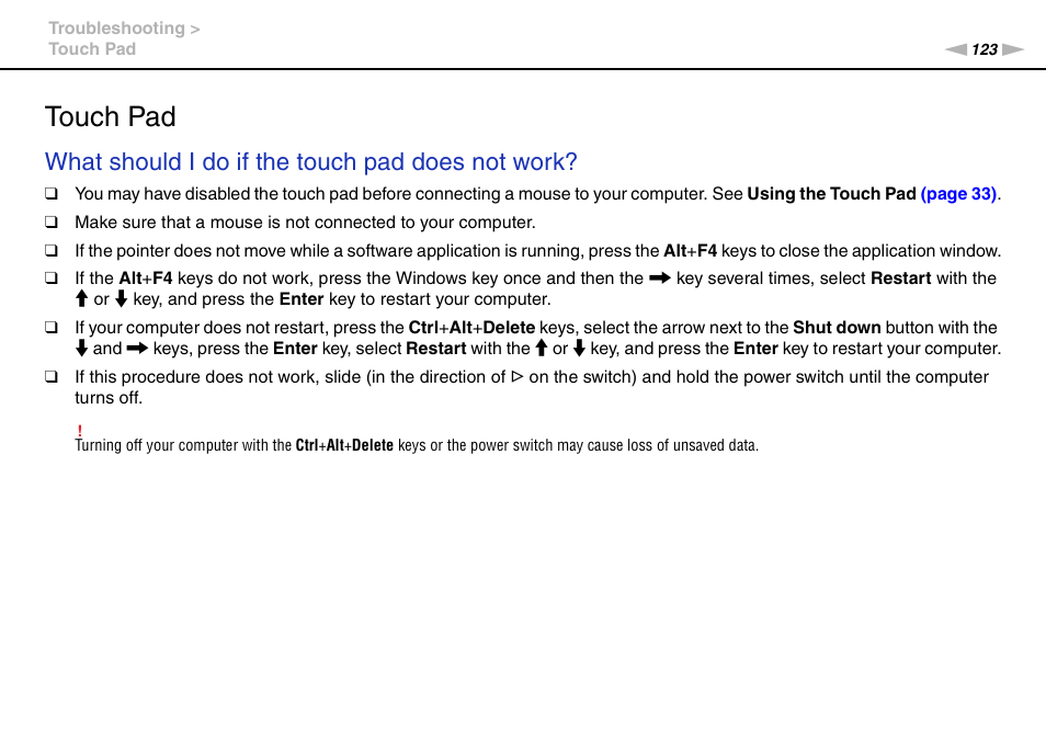 Touch pad, What should i do if the touch pad does not work | Sony VAIO VPCM1 User Manual | Page 123 / 133