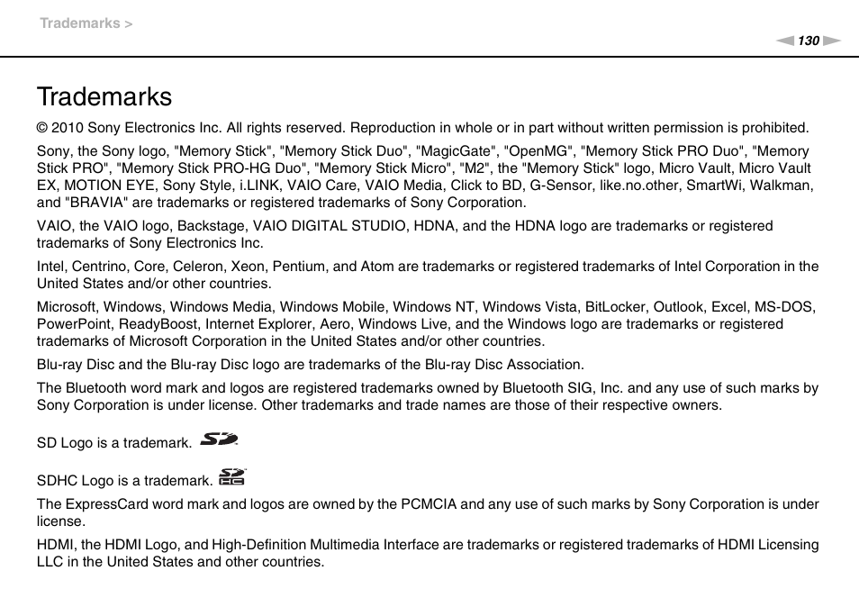 Trademarks | Sony VAIO VPCM1 User Manual | Page 130 / 133