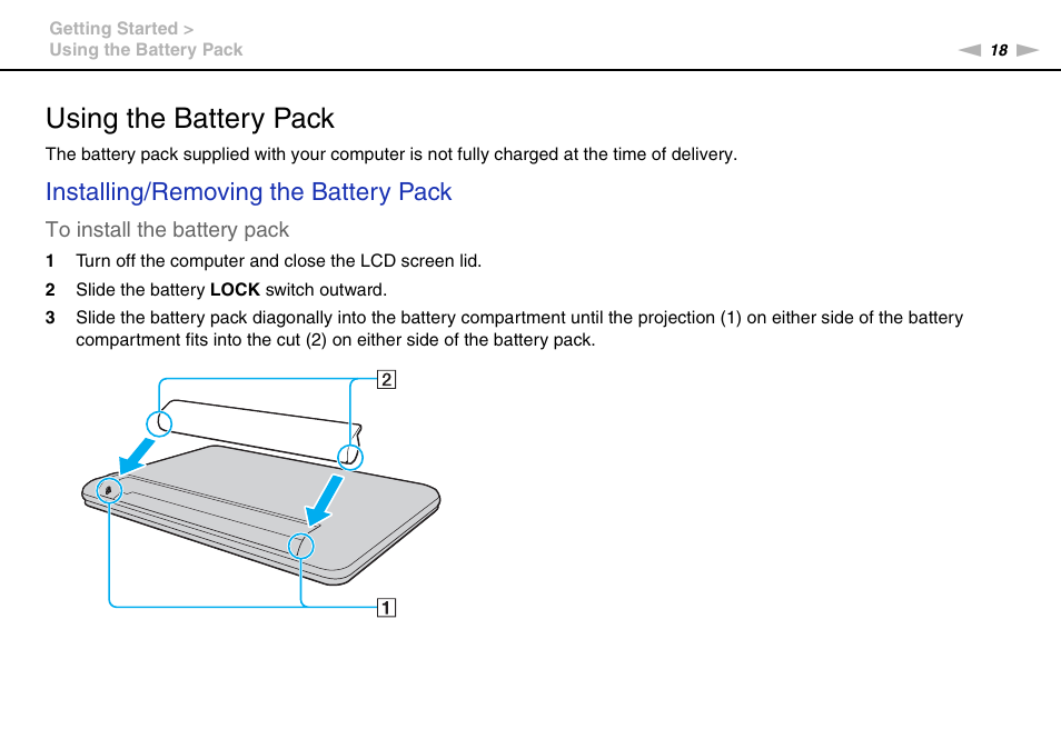 Using the battery pack, Installing/removing the battery pack | Sony VAIO VPCM1 User Manual | Page 18 / 133