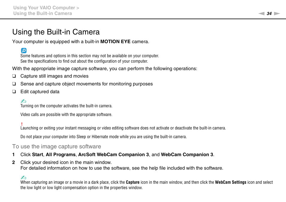 Using the built-in camera, Mera | Sony VAIO VPCM1 User Manual | Page 34 / 133