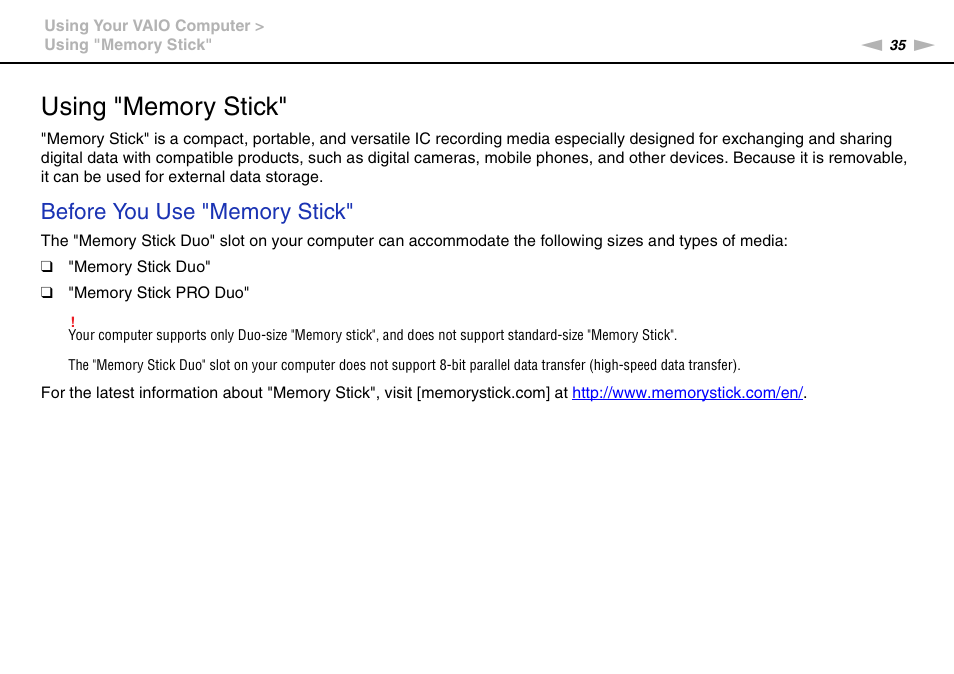 Using "memory stick | Sony VAIO VPCM1 User Manual | Page 35 / 133