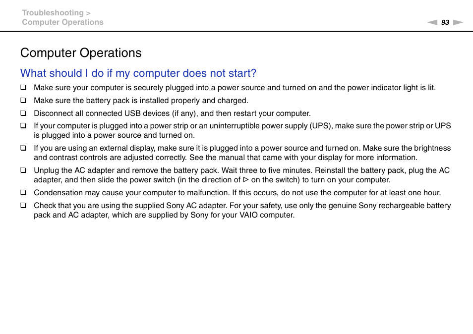 Computer operations, What should i do if my computer does not start | Sony VAIO VPCM1 User Manual | Page 93 / 133