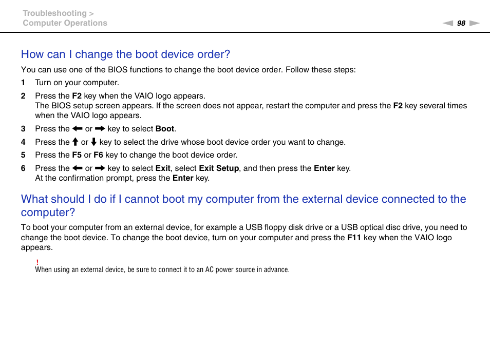 How can i change the boot device order | Sony VAIO VPCM1 User Manual | Page 98 / 133