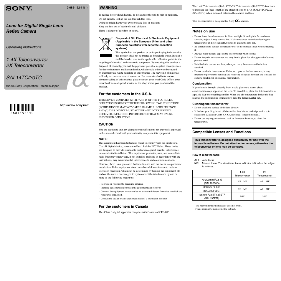 Sony SAL-14TC User Manual | 2 pages