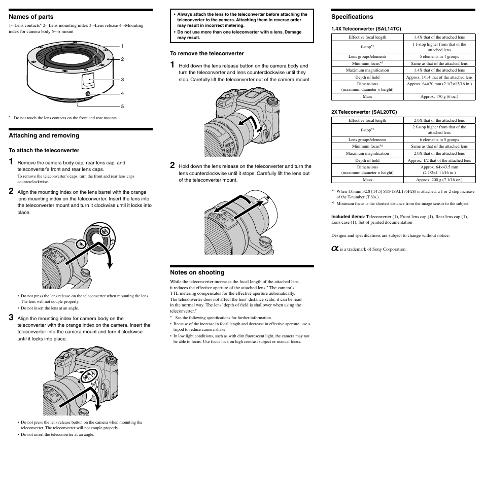 Rear side | Sony SAL-14TC User Manual | Page 2 / 2