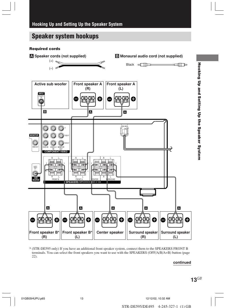 Hooking up and setting up the speaker system, Speaker system hookups, Ee e e | Sony STR-DE595 User Manual | Page 13 / 48