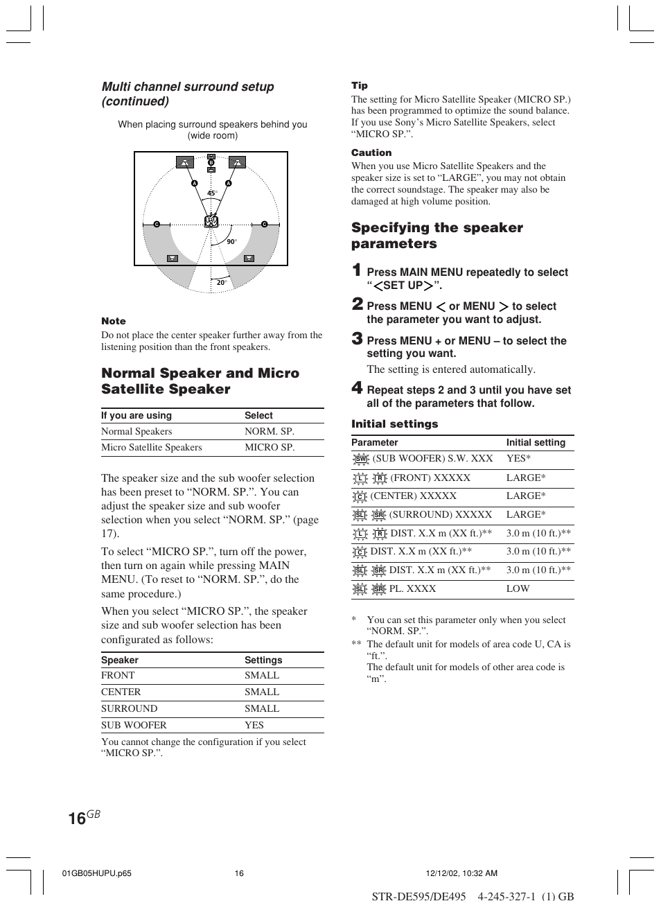 Normal speaker and micro satellite speaker, Specifying the speaker parameters, Multi channel surround setup (continued) | Sony STR-DE595 User Manual | Page 16 / 48