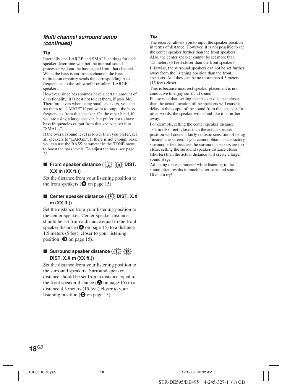 Multi channel surround setup (continued) | Sony STR-DE595 User Manual | Page 18 / 48