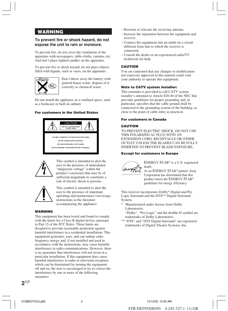 Warning | Sony STR-DE595 User Manual | Page 2 / 48