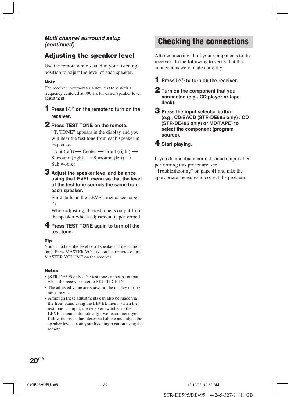 Checking the connections | Sony STR-DE595 User Manual | Page 20 / 48