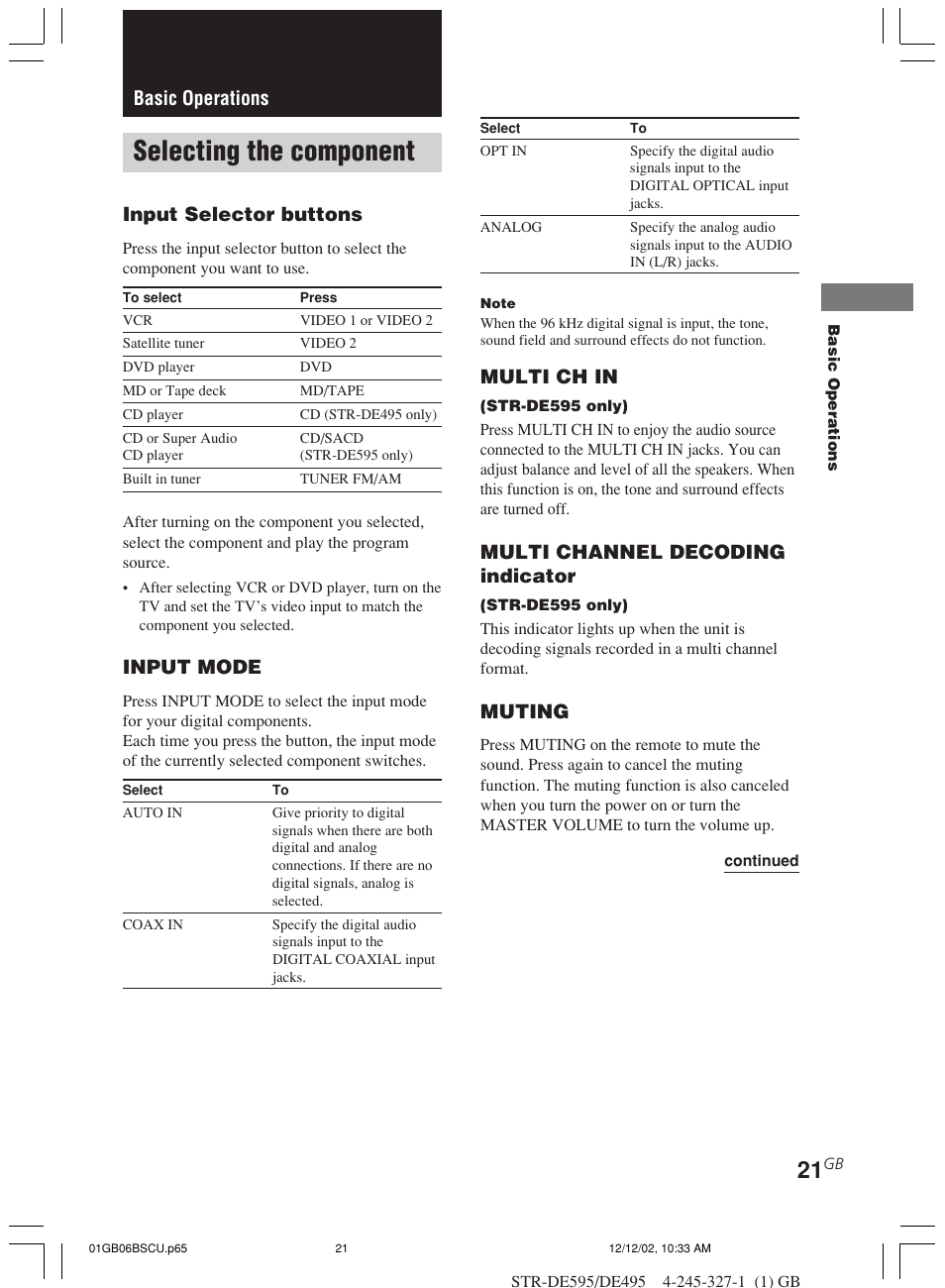 Basic operations, Selecting the component, Input selector buttons | Input mode, Multi ch in, Multi channel decoding indicator, Muting | Sony STR-DE595 User Manual | Page 21 / 48