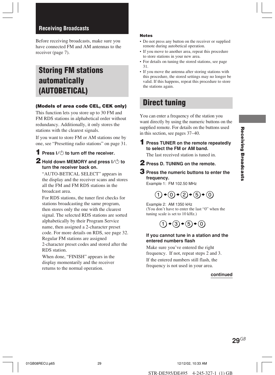 Receiving broadcasts, Storing fm stations automatically, Autobetical) | Direct tuning, Storing fm stations automatically (autobetical) | Sony STR-DE595 User Manual | Page 29 / 48
