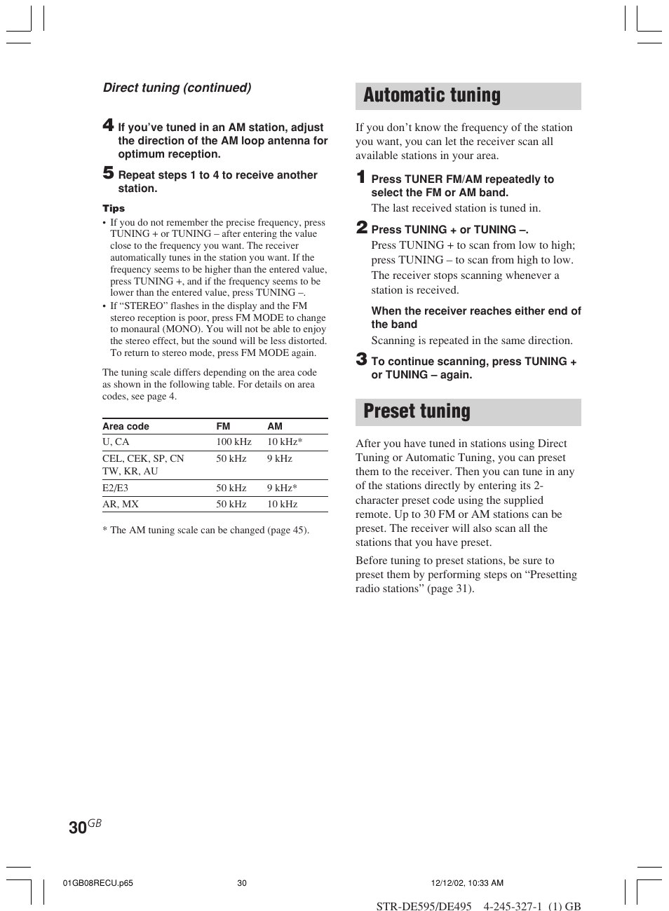 Automatic tuning, Preset tuning | Sony STR-DE595 User Manual | Page 30 / 48