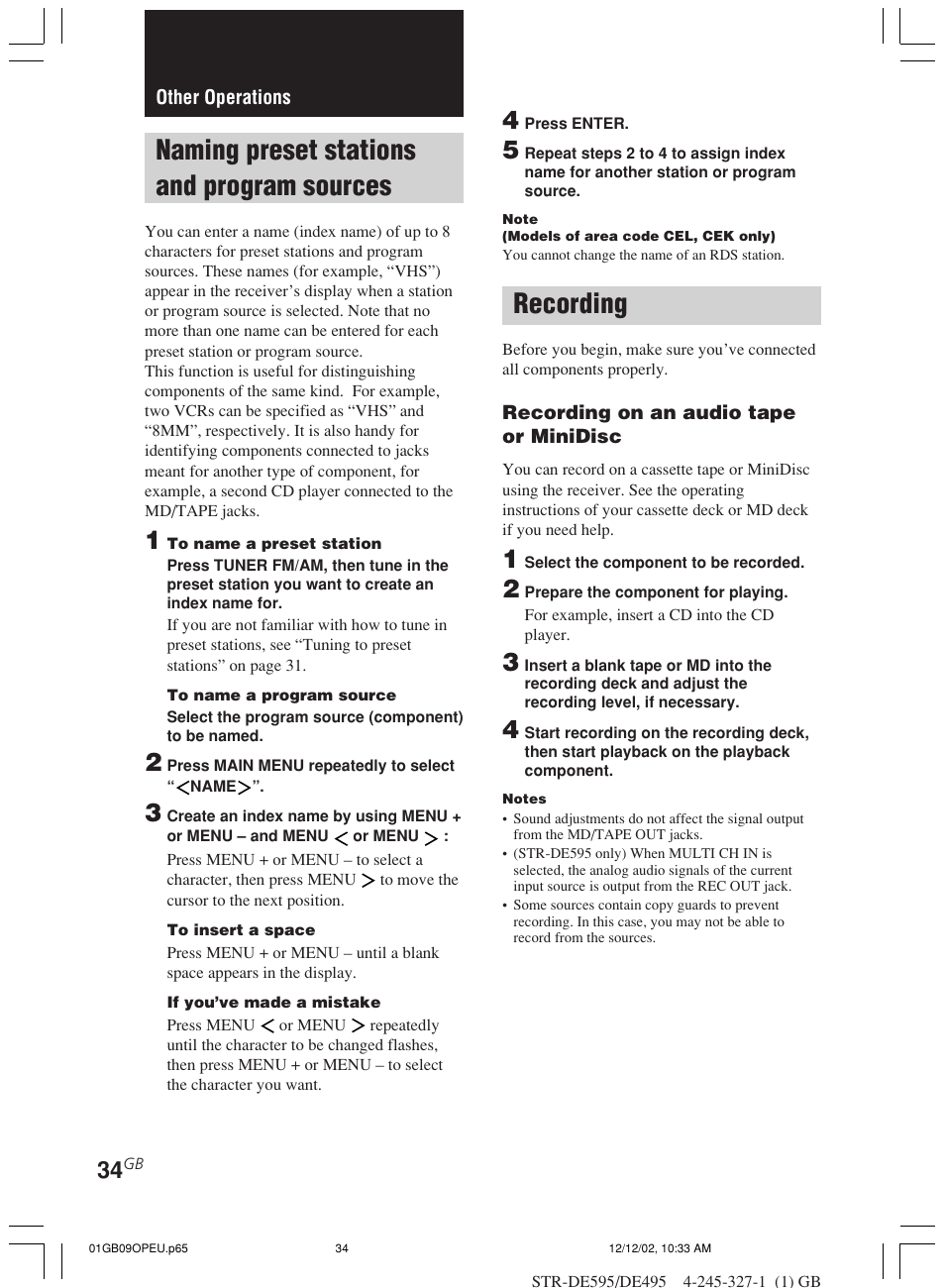 Other operations, Naming preset stations and program, Sources | Recording, Naming preset stations and program sources | Sony STR-DE595 User Manual | Page 34 / 48