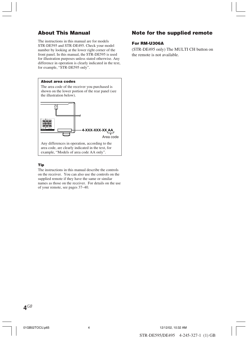 About this manual, For rm-u306a | Sony STR-DE595 User Manual | Page 4 / 48