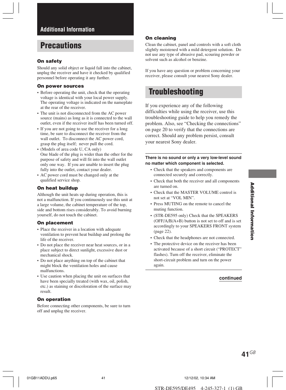 Additional information, Precautions, Troubleshooting | Sony STR-DE595 User Manual | Page 41 / 48