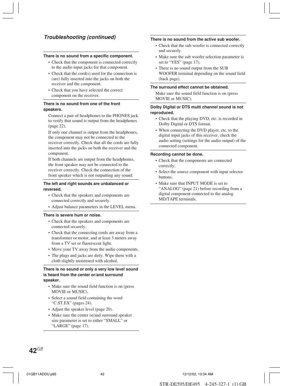 Troubleshooting (continued) | Sony STR-DE595 User Manual | Page 42 / 48