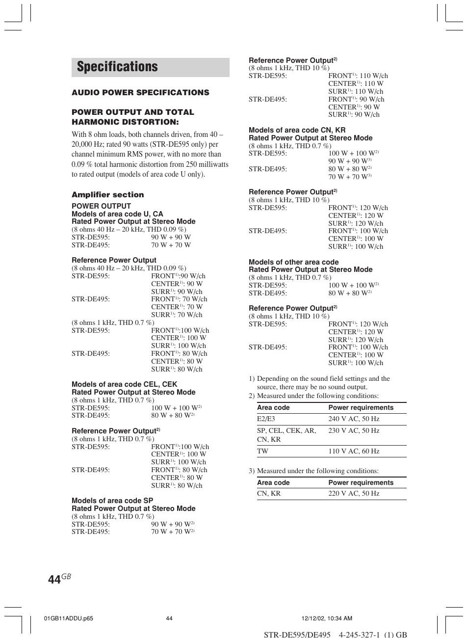 Specifications | Sony STR-DE595 User Manual | Page 44 / 48