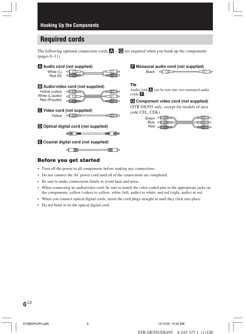 Hooking up the components, Required cords, Hooking up the components before you get started | Sony STR-DE595 User Manual | Page 6 / 48