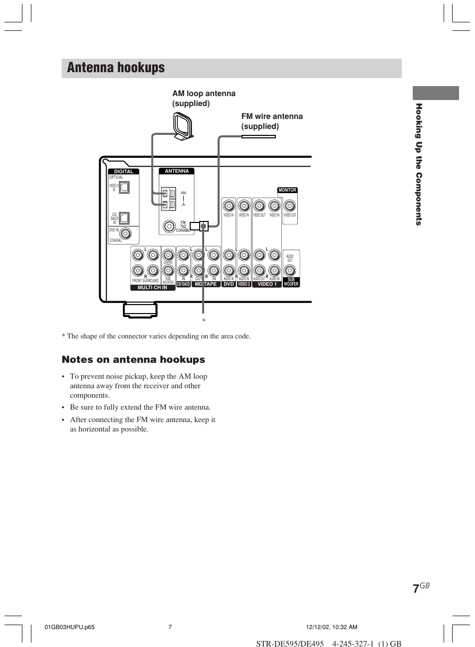 Antenna hookups, Hooking up the components | Sony STR-DE595 User Manual | Page 7 / 48