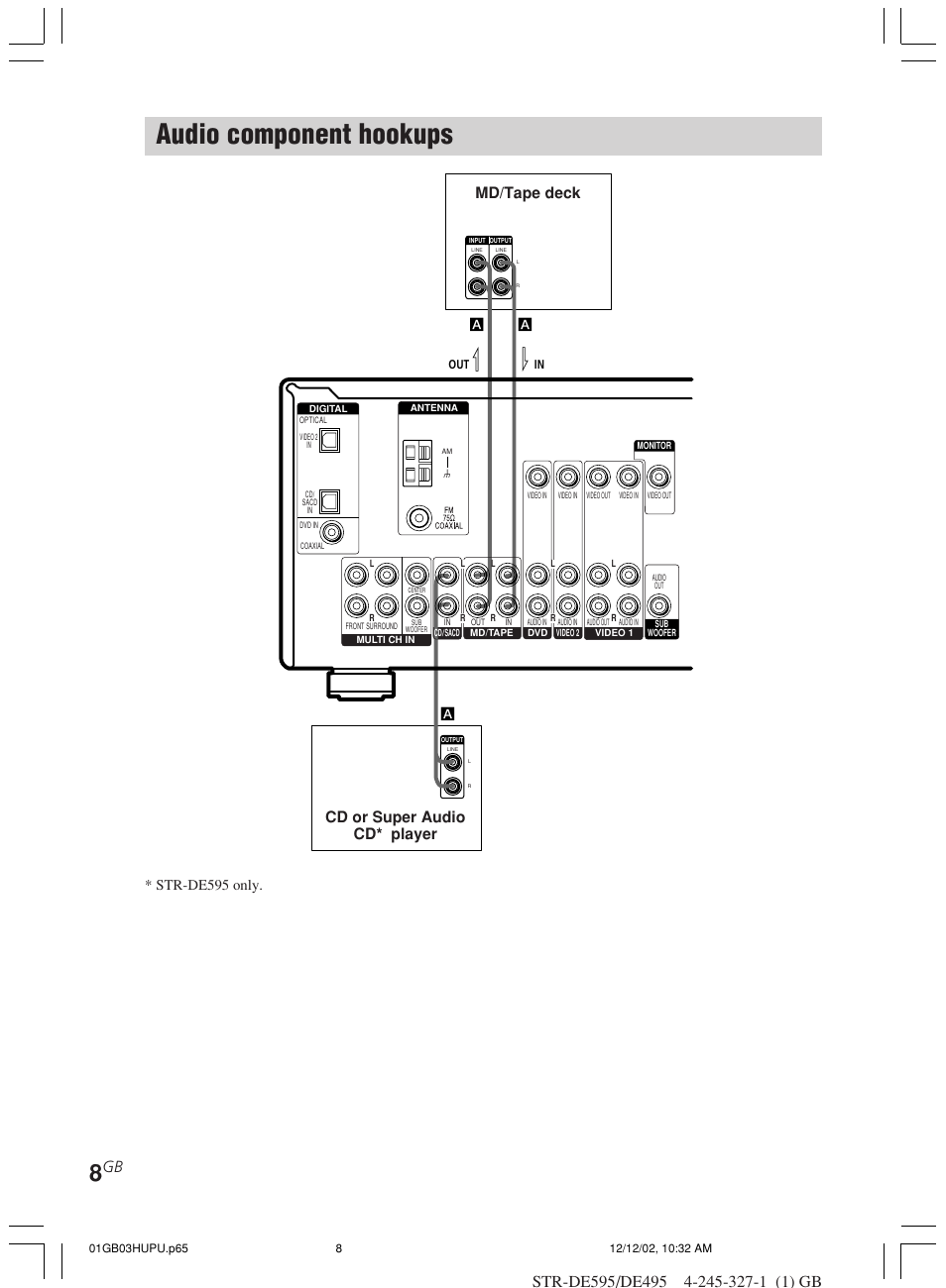 Audio component hookups, Md/tape deck cd or super audio cd* player, Str-de595 only | Sony STR-DE595 User Manual | Page 8 / 48