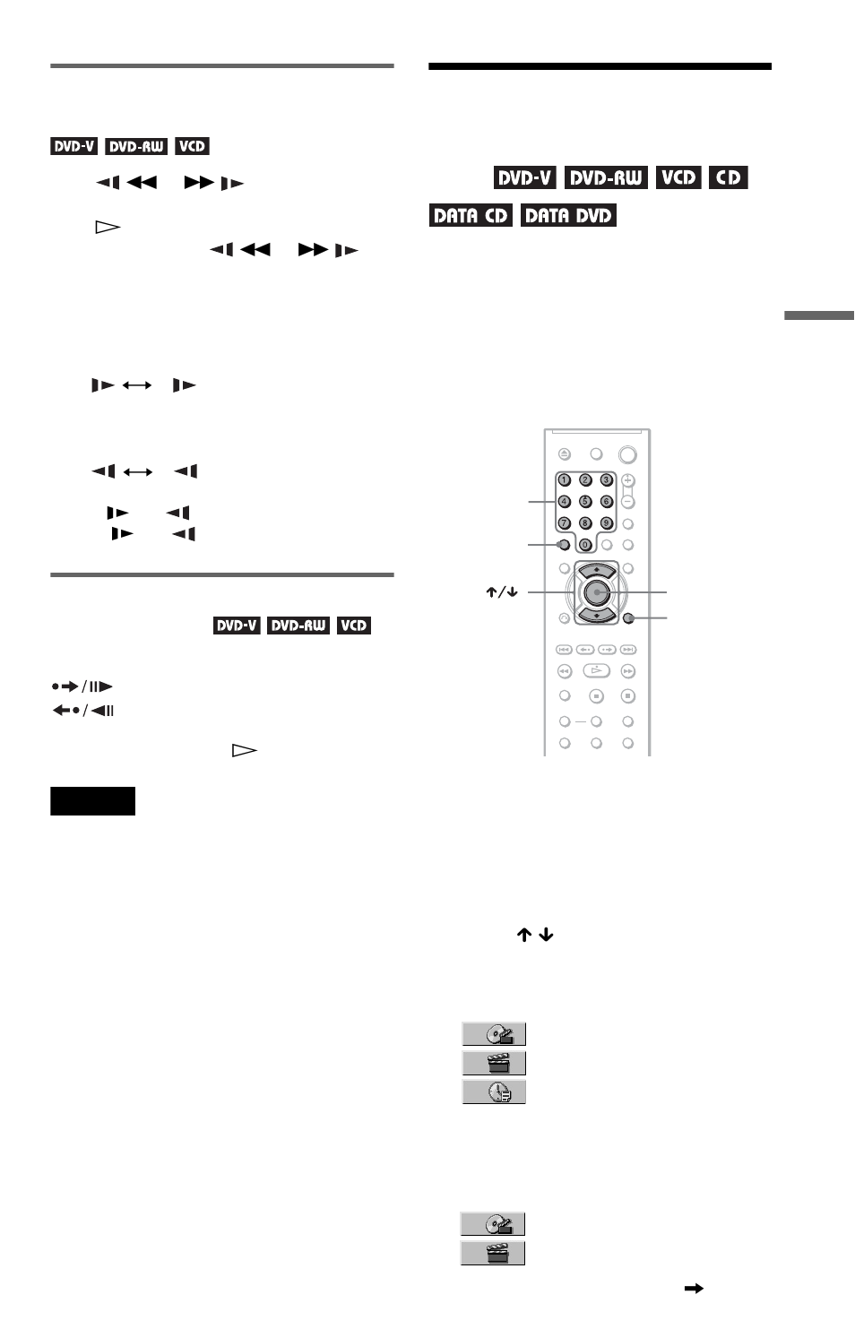 Searching for a title/chapter/track/scene, etc, Searching for a title/ chapter/track/scene, etc, Watching frame by frame (slow-motion play) | Playing one frame at a time (freeze frame) | Sony DVP-NS30 User Manual | Page 31 / 72