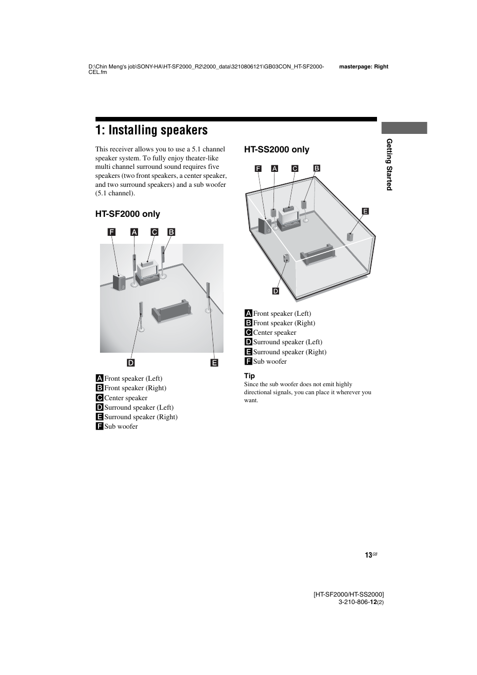 Installing speakers | Sony HT-SF2000 User Manual | Page 13 / 68