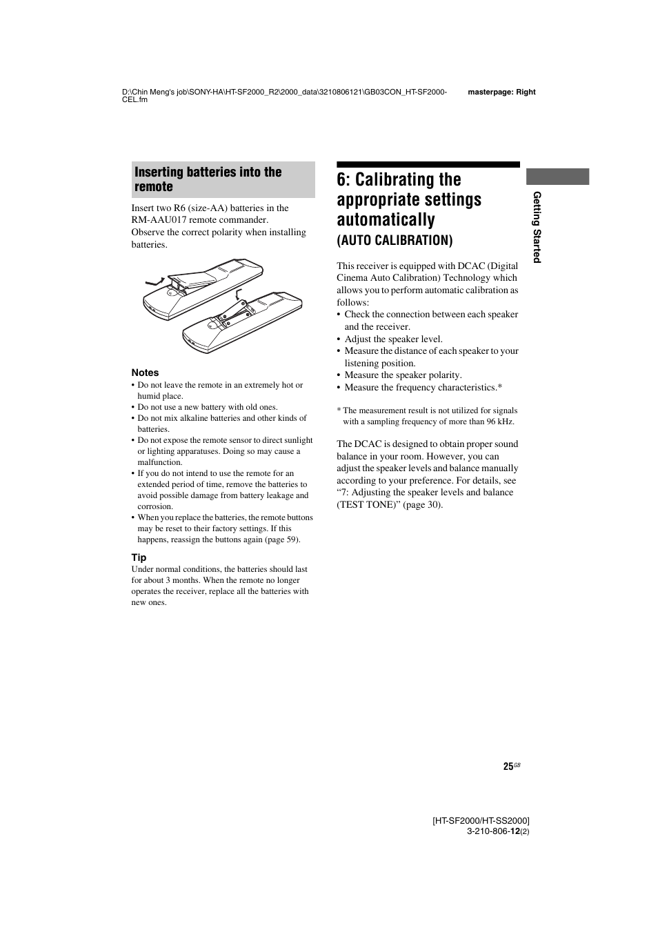 Calibrating the appropriate settings, Automatically (auto calibration), Calibrating the appropriate settings automatically | Auto calibration), Inserting batteries into the remote | Sony HT-SF2000 User Manual | Page 25 / 68