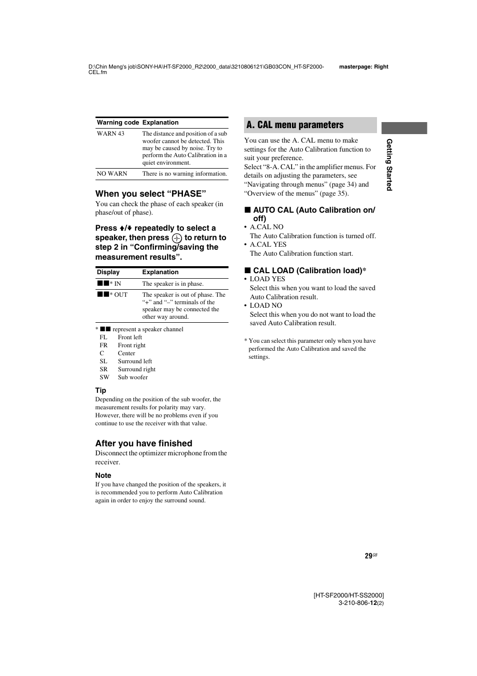 When you, A. cal menu parameters, When you select “phase | After you have finished | Sony HT-SF2000 User Manual | Page 29 / 68